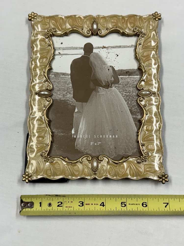 MARCEL SCHUEMAN Tan Pearlized Enamel Scroll Pears Goldtone PICTURE FRAME NEW