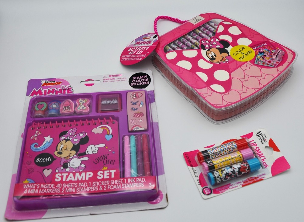 Bundle Lot Disney Junior Minnie Mouse Activity Stamp Sets Lip Smacker Chapsticks