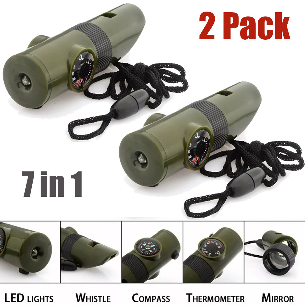 2PCS 7 in 1 Camping Survival Whistle Compass Thermometer Flashlight Magnifier