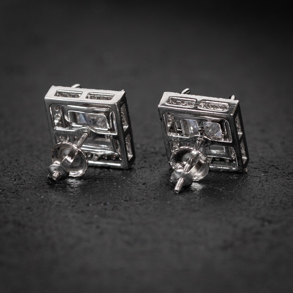 Mens Iced Interchangeable Sterling Silver Square Hip Hop Stud Earrings