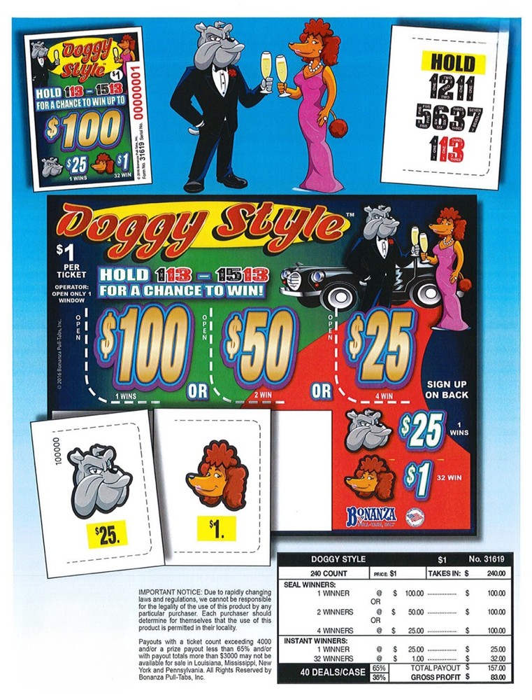 Pull Tab Ticket - Hard Card Tickets - Game - 5 Pack Doggy Style