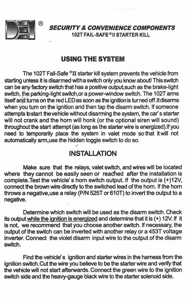 NEW DEI Directed Electronics 102T Fail-Safe II Starter Kill
