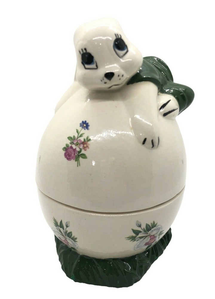 Vtg Ceramic Hobbyist Easter Bunny Rabbit 2 Pc Candy Dish Decor Flower Decals 7"