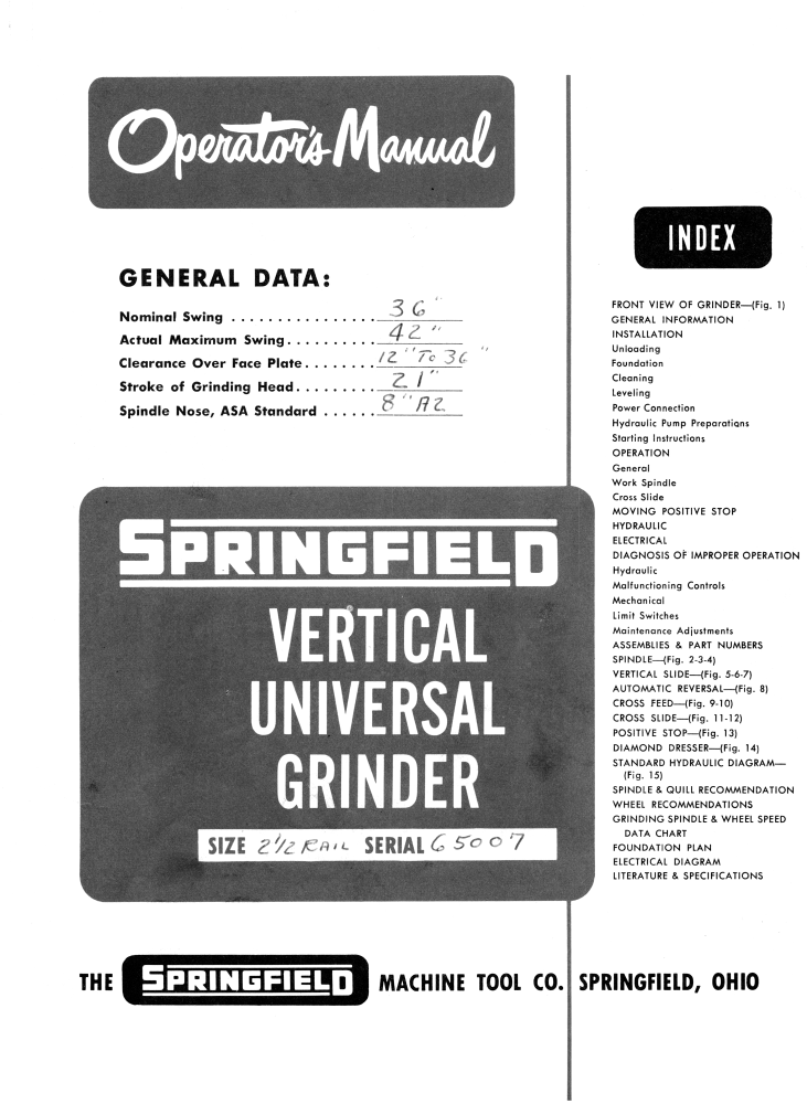 Springfield 2.5" Vertical Universal Grinder Owner Operator Parts Manual 1406