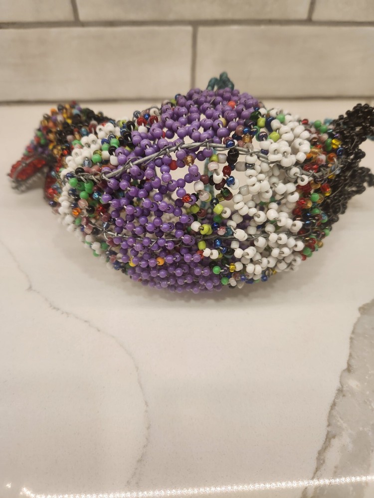Multicolored Wire Hand Beaded Rooster Basket With Beaded Handle Maker Unknown