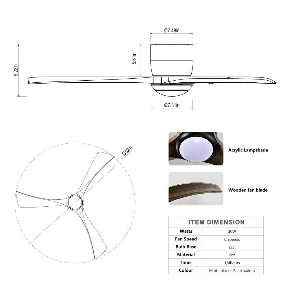 52" Flush Mount Ceiling Fan with Light Remote, Quiet DC Motor, Reversible
