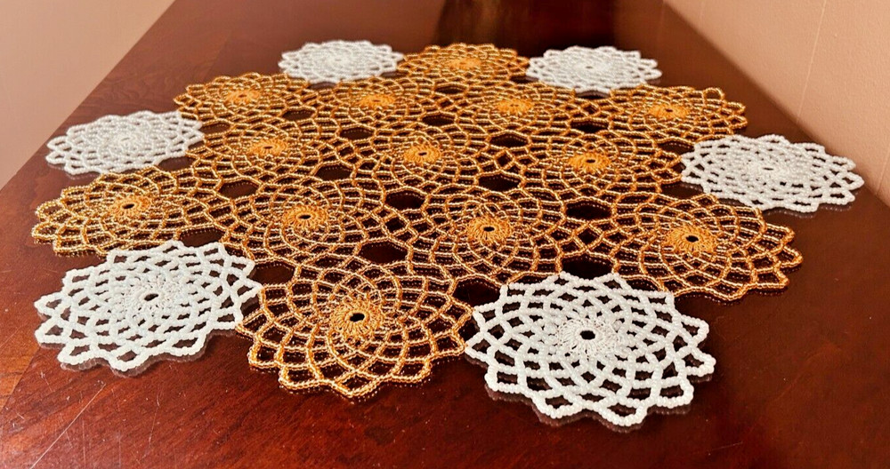 HANDMADE GOLD & WHITE CROCHET BEADED DOILY 19"