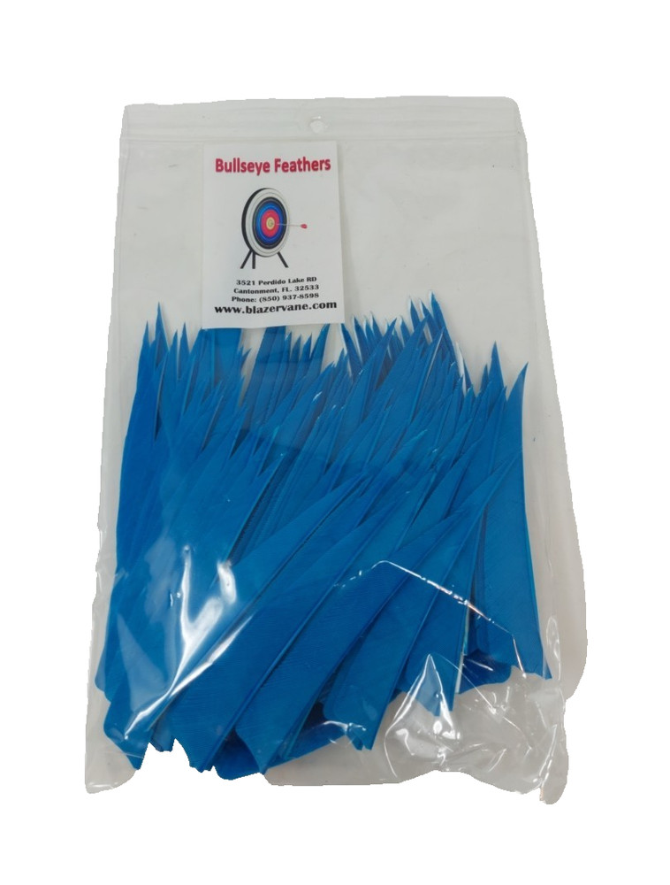 100pk Bullseye Archery Feathers 4" Right Wing: Shield Solid Turquoise Blue