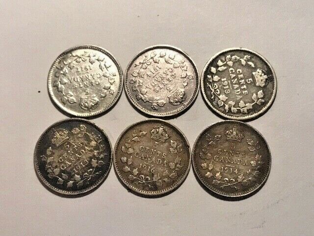 6-Canada Silver 5 Cents Random Year Km22 Fine #14184