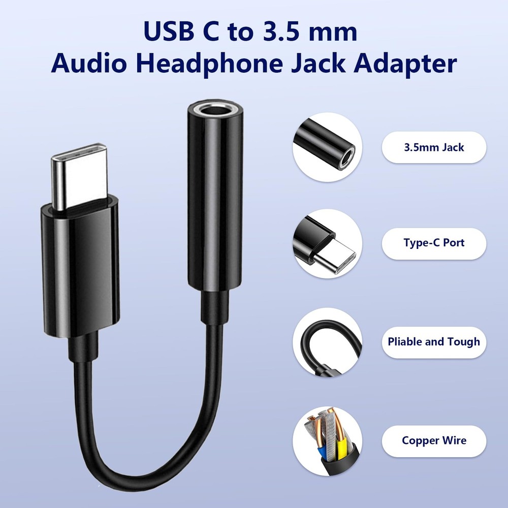 5 Pack USB C to 3.5mm Headphone Jack Adapter Type C Audio Aux Cable Black