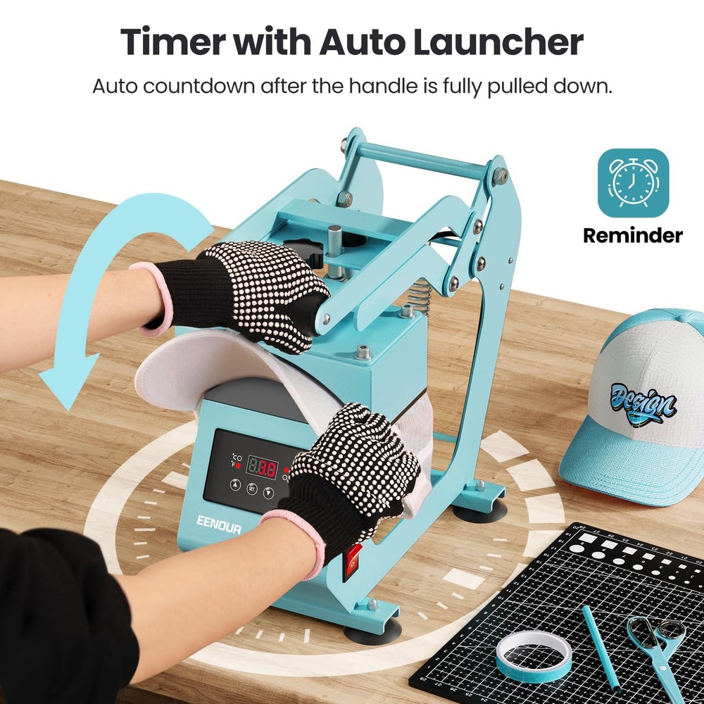 Hat Press Heat Machine for Caps with Presice Temp&Timer Control, Timer Blue
