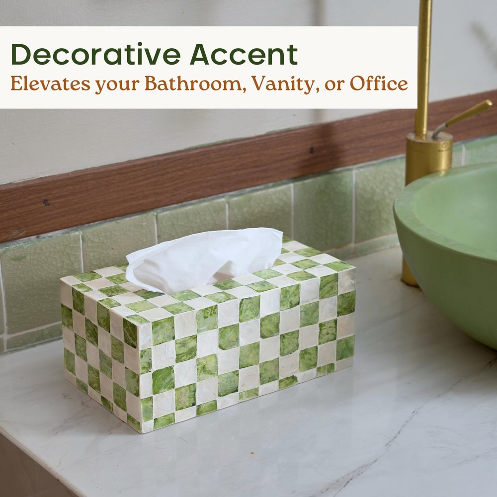 Rectangle Checkered Tissue Box Cover Handmade with Capiz Shells, Decorative T...