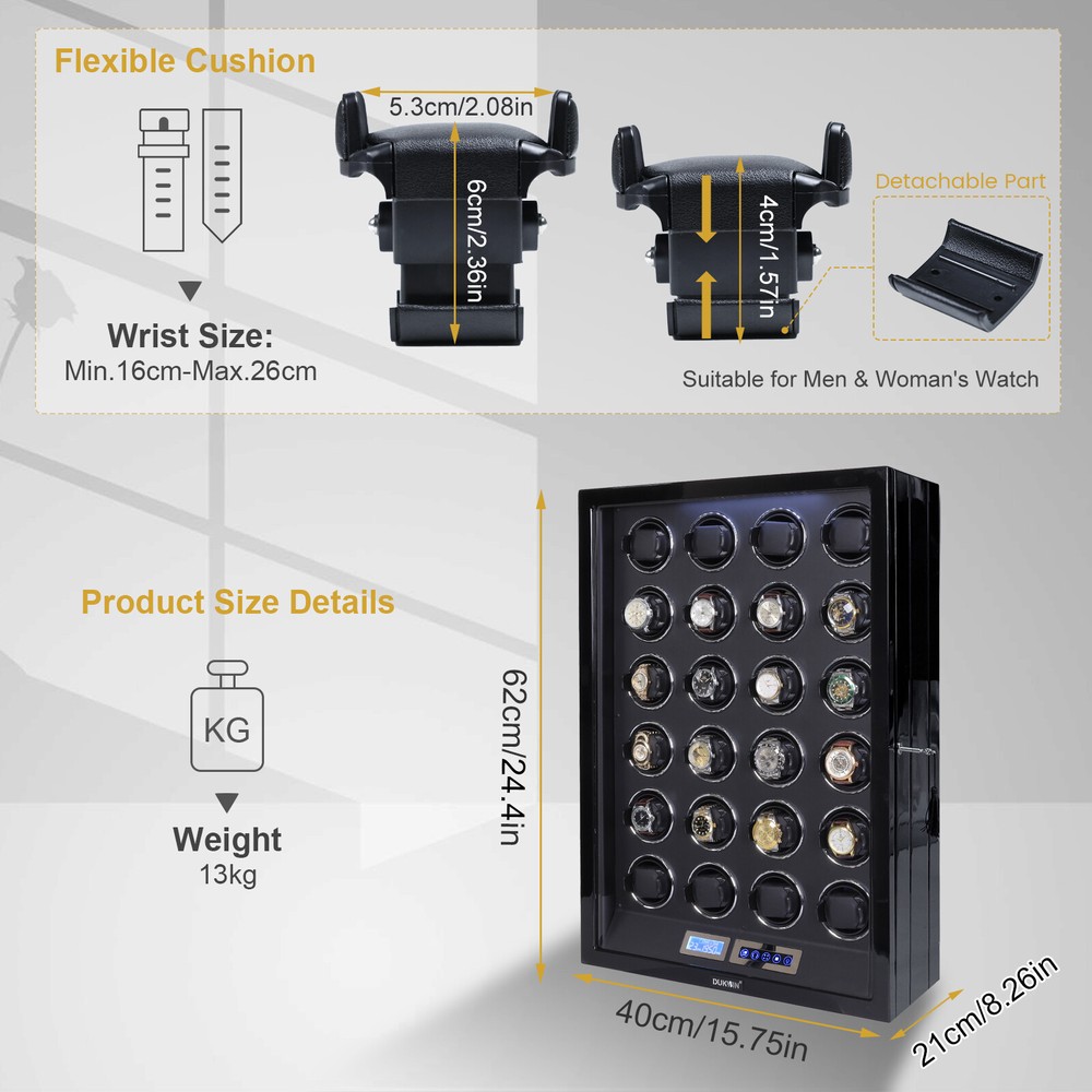 DUKWIN Automatic Rotation 24 Watch Winder Display Box Case Storage LCD LED Quiet