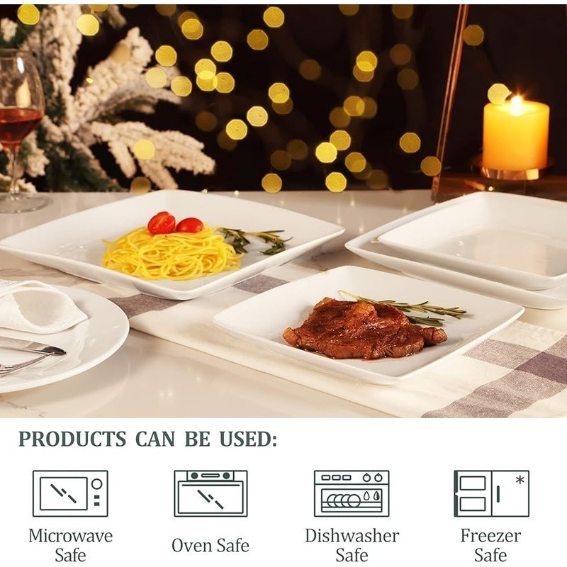 Porcelain Square Plates Multiuse Dinnerware Microwave Dishwasher Safe Set New