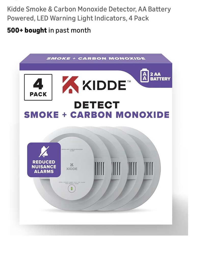 Smoke & Carbon Monoxide Detector, Kidde, 4 pack, Battery Powered