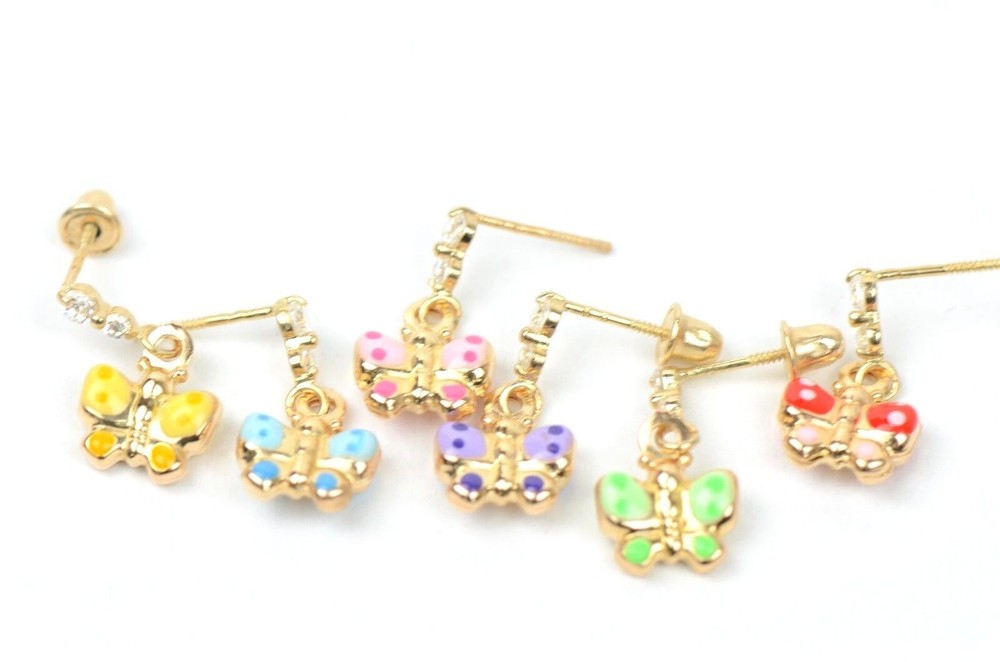 14K Solid Yellow Gold Butterfly Dangle Earring with Enamel