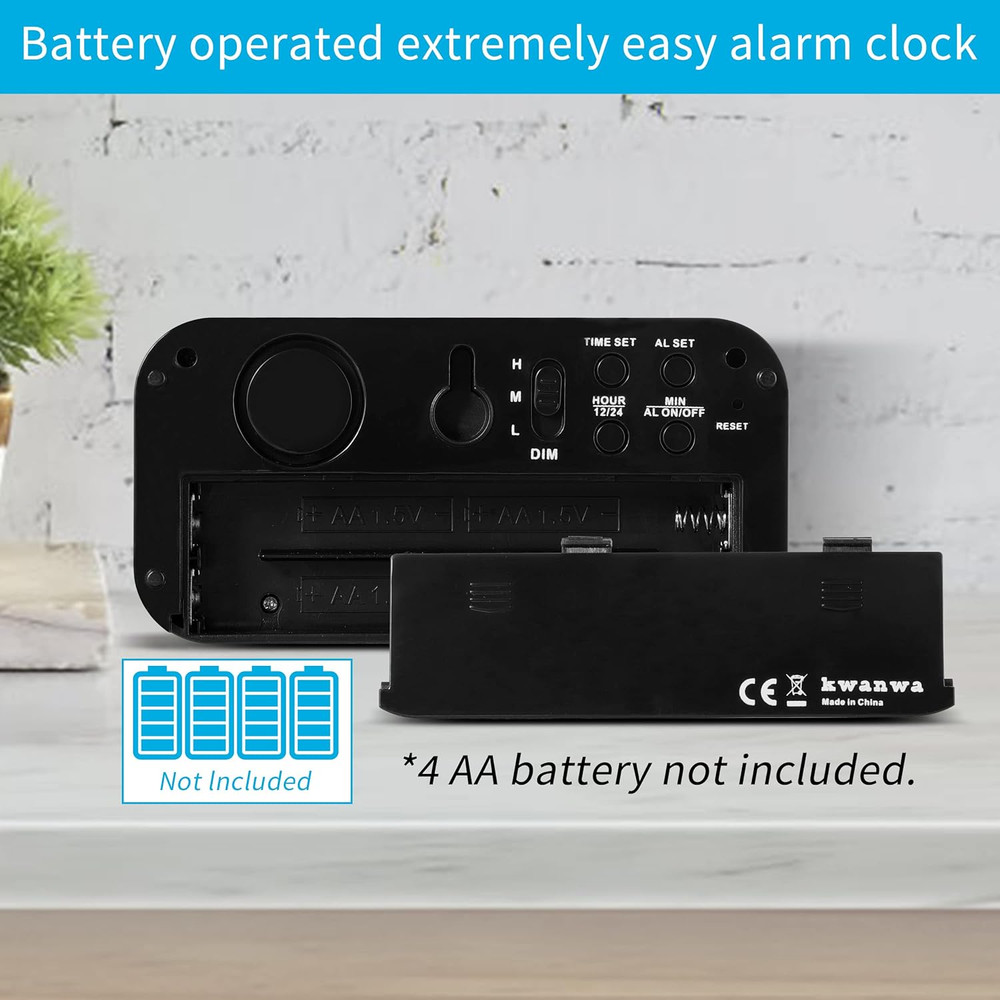 KWANWA Alarm Clock, Digital Clock, Constantly 1.2'' LED Blue Digits Display, Bat