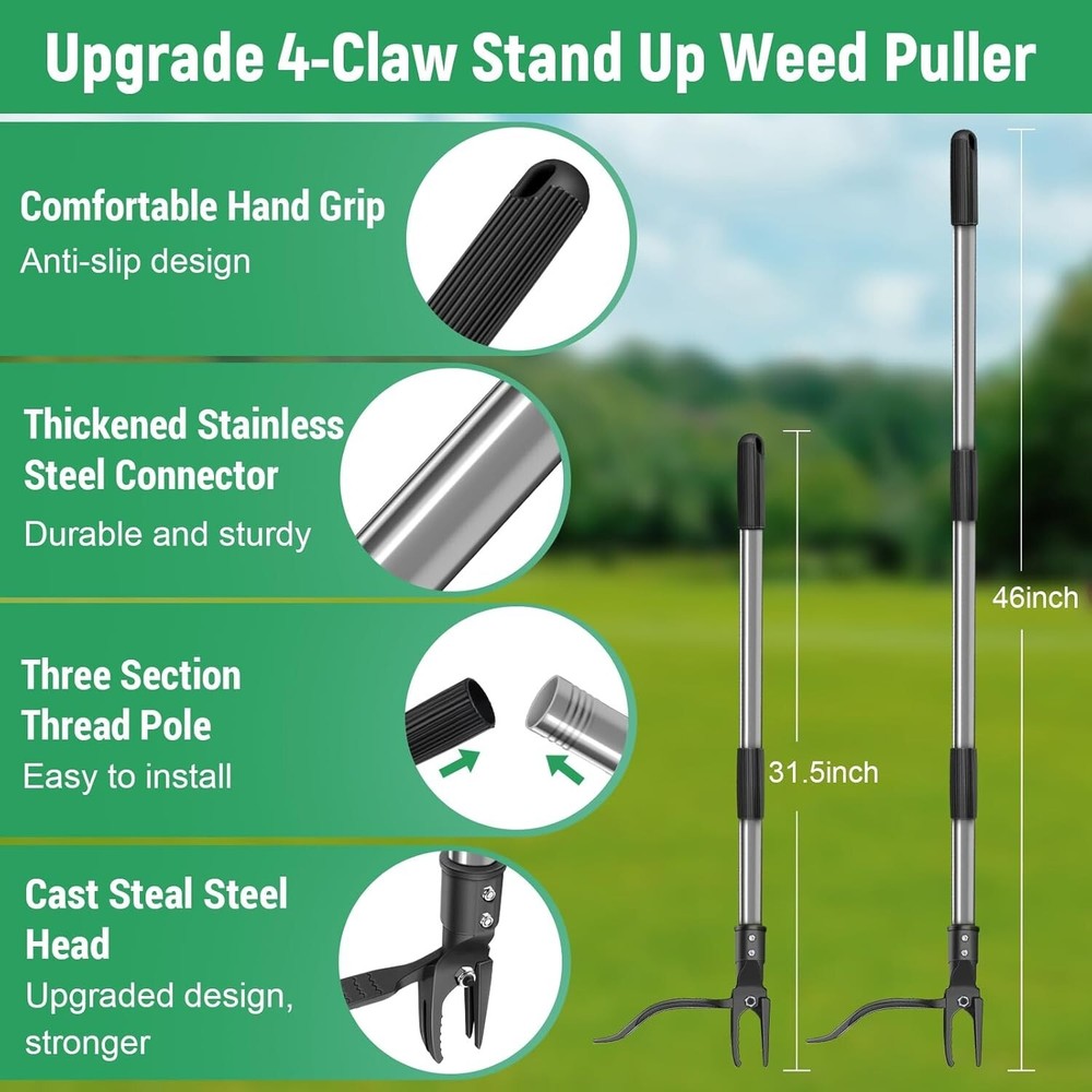 Weed Puller Tool, 4-Claw Stand Up Weeder with Adjustable 46” Handle for Remove