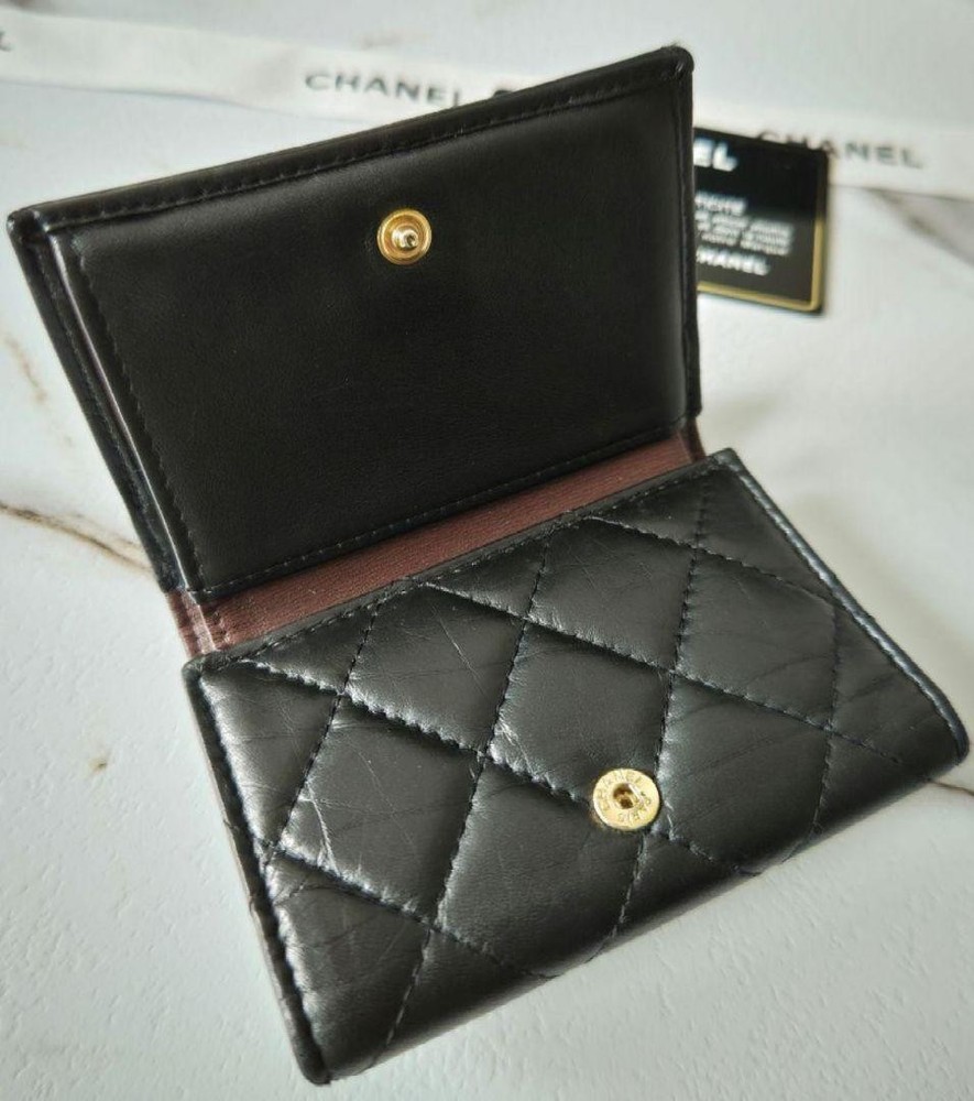 CHANEL Compact Matelassé Tri-Fold Wallet Black Gold