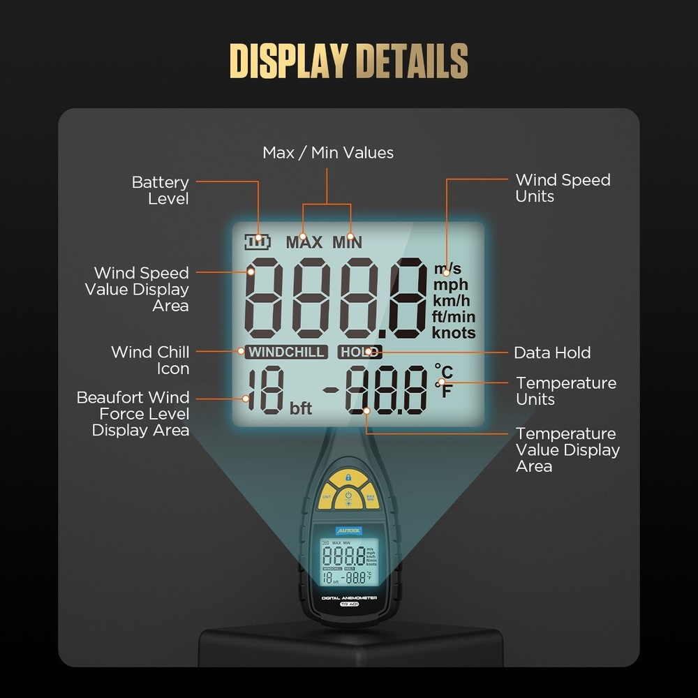 AUTOOL Handheld Digital Anemometer Wind Speed CFM Meter Current Test Wind Chill
