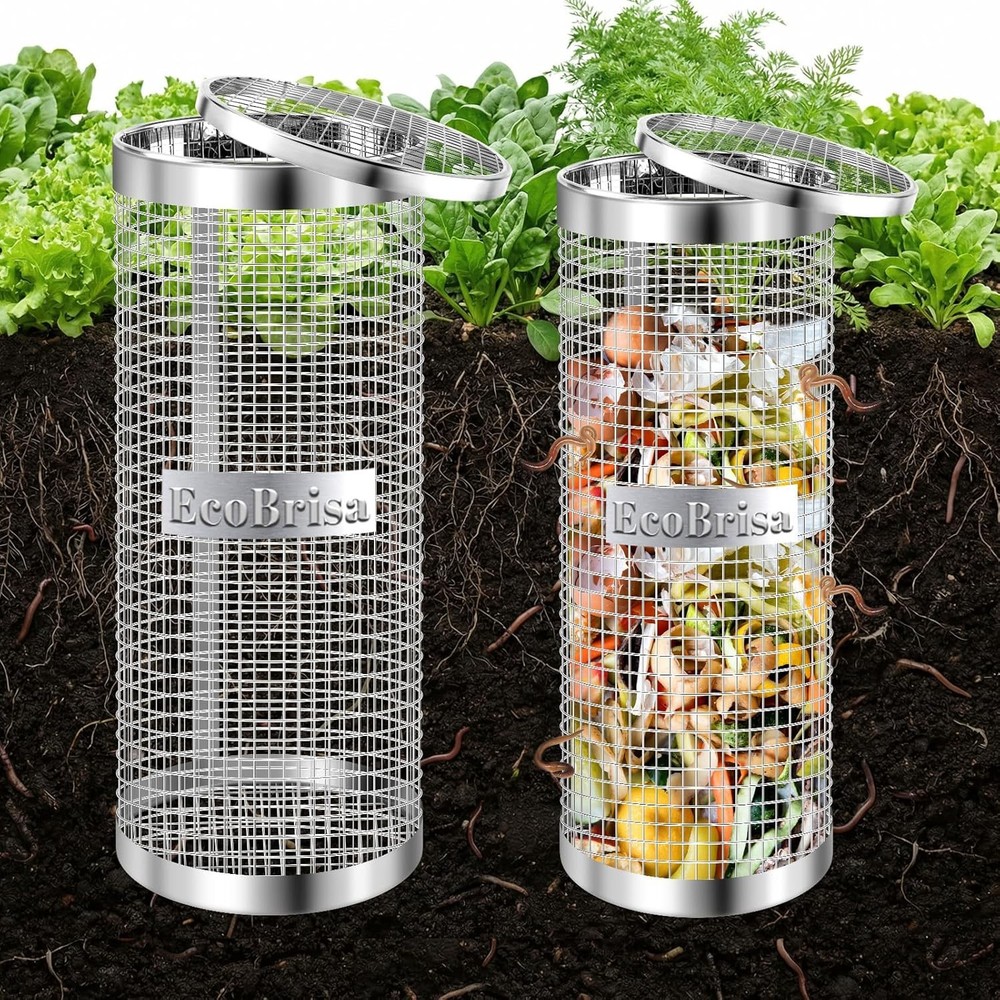 2 Pack Inground Worm Composting Bin, Metal Compost Bin for Recycling Kitchen Foo