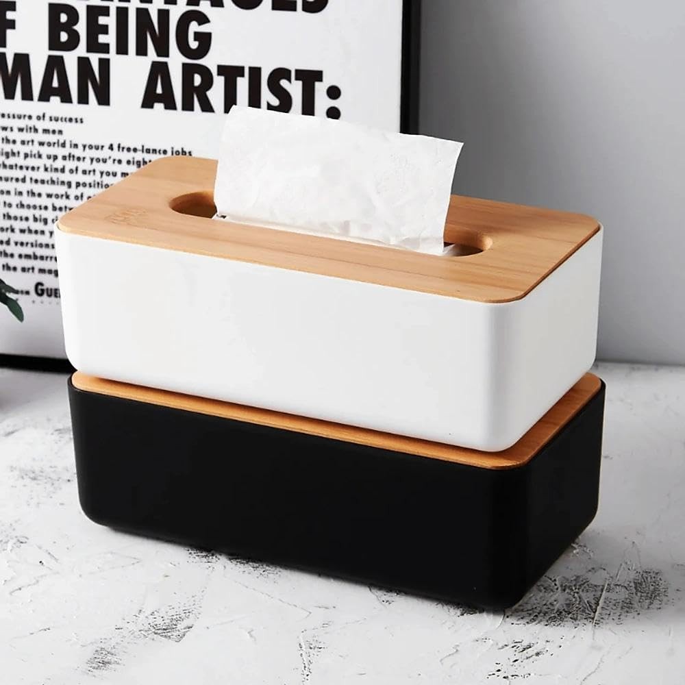 Tissue Box with Bamboo Cover, Plastic Tissue Organizer, Bathroom Tissue Dispense