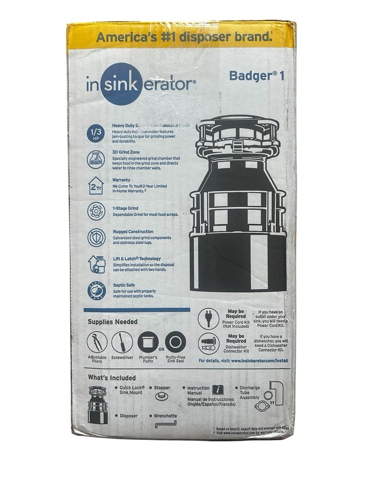 InSinkErator Badger 1 Food Waste Disposer - 1/3 HP - New In Box