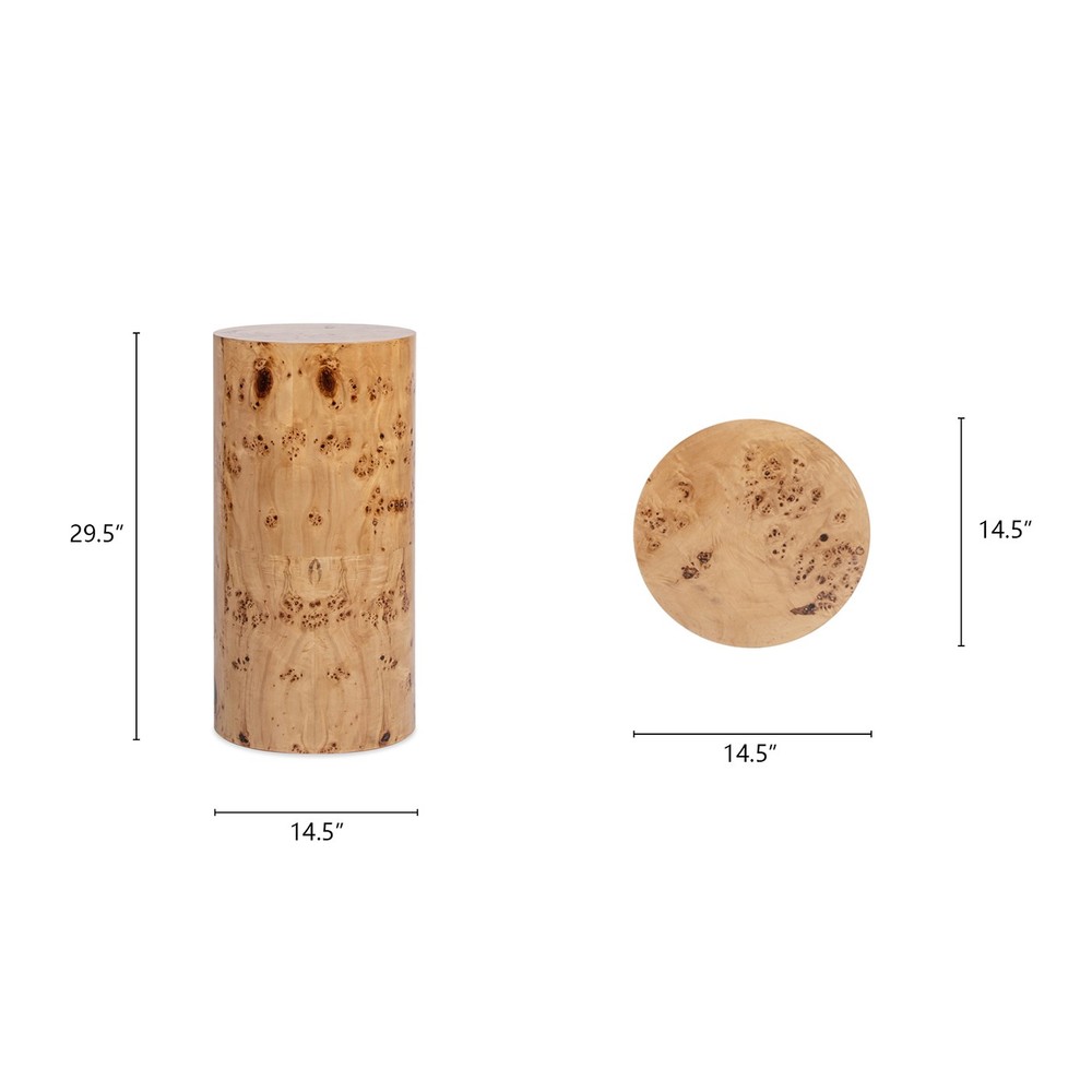 Nebula 29.5" Burl Accent Pillar Side Table with Warm Natural Brown Solid Wood