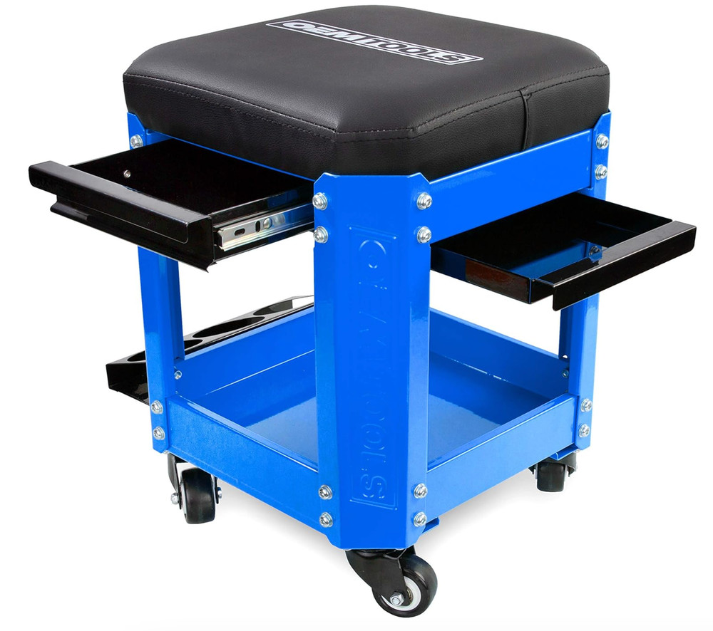Blue Black Work Stool Rolling Toolbox Seat Shop Storage Creeper Mechanics Garage
