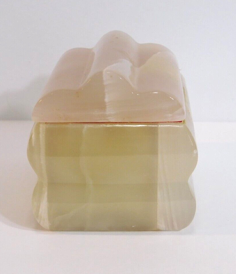 Alabaster Carved Rectangular Box Natural Stone 4" by 3" Hinged Velvet Lined