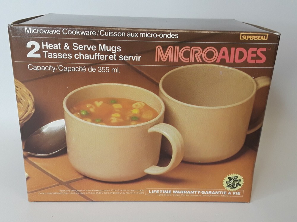 NOS - MICROAIDES 2 Heat & Serve Mugs Microwave Cookware, 12oz.