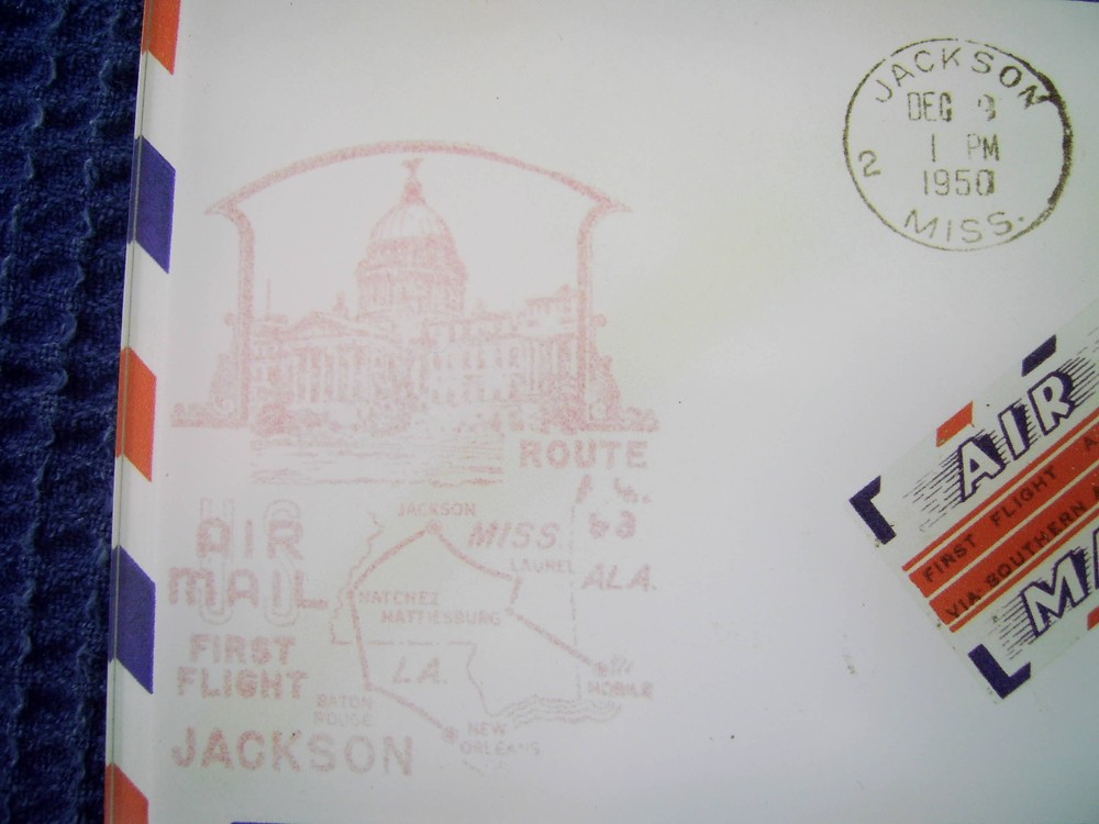 VINTAGE JACKSON, MS 1ST FLIGHT MAIL ENVELOPE - MOUNTED ON HARD BOARD