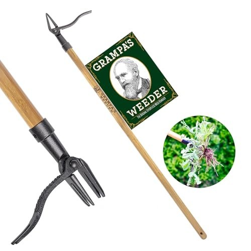 Stand Up Weed Puller Tool - Long Handle Bamboo & 4-Claw Steel Head - Easy Weedin