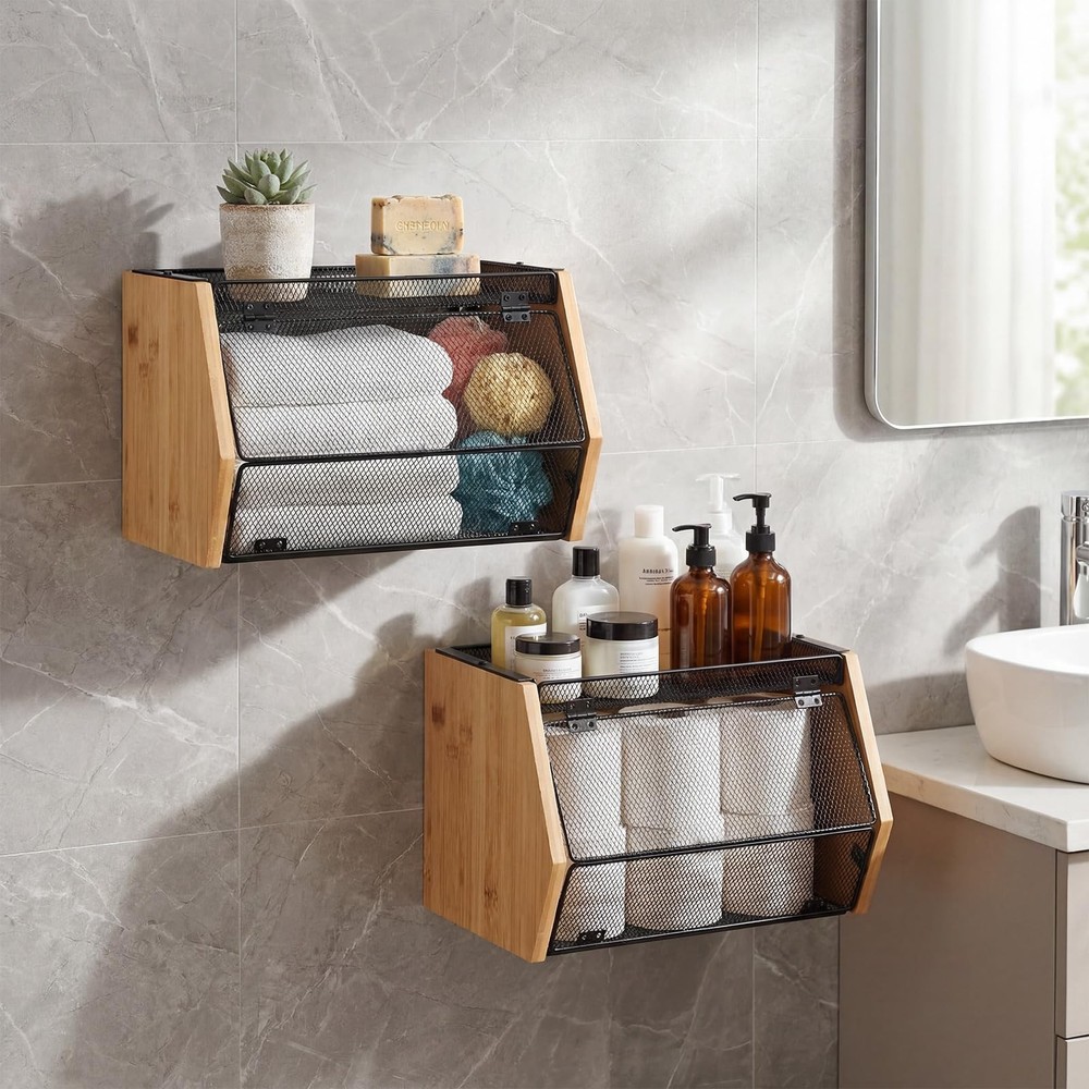 2PCS Stackable Mesh Fruit Basket Wall Mounted Storage Bin for Kitchen Bathroom