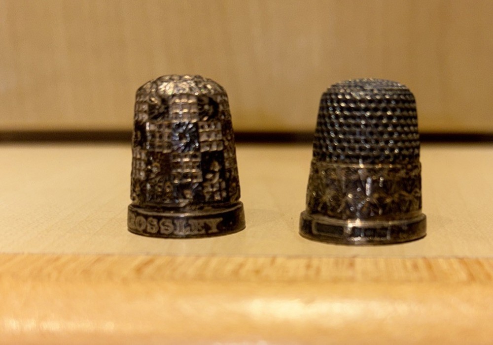 2 SILVER ETCHED DECORATIVE THIMBLES BIRMINGHAM AND CHESTER HALLMARKS
