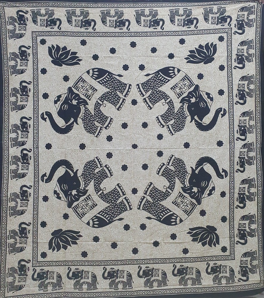 Badal tree Elephant Tapestry Printed Cotton Bed Sheets/Wall Hanging-Black