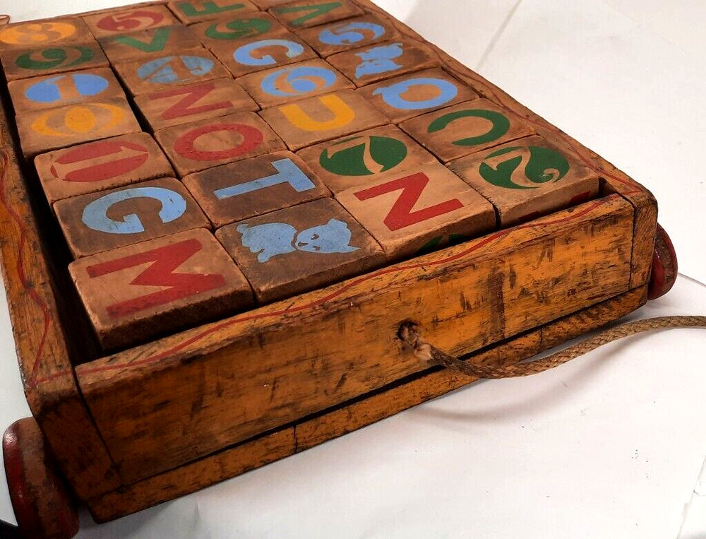 Vintage Whimsie Blocks Full Size 28 Blocks In Pull Wagon