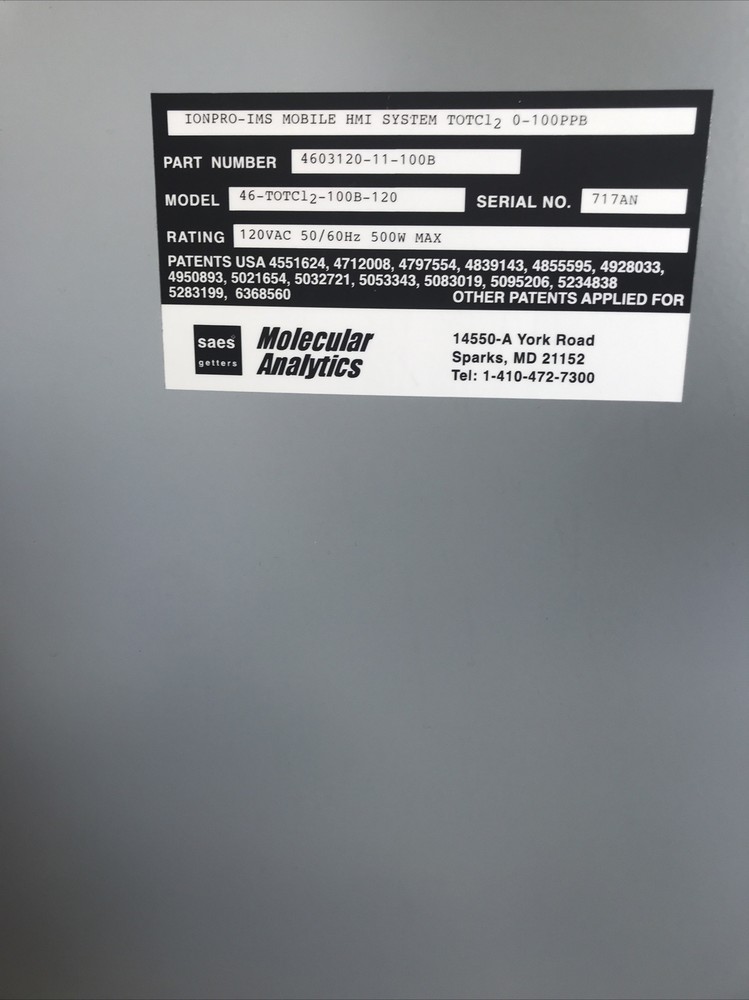 MOLECULAR ANALYTICS IONPRO-IMS HMI Mobile SyStem TOTCL2 0-1000 PPS CL2 Analyzer