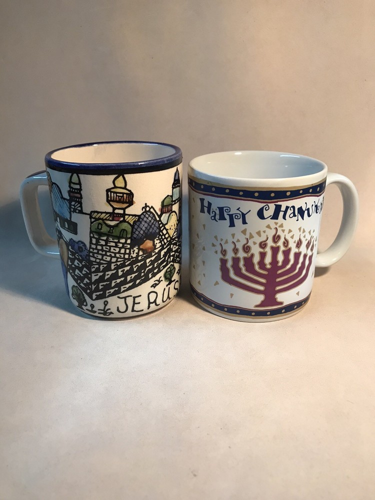 Happy Chanukah & Jerusalem Ceramic Coffee Mugs Judaica