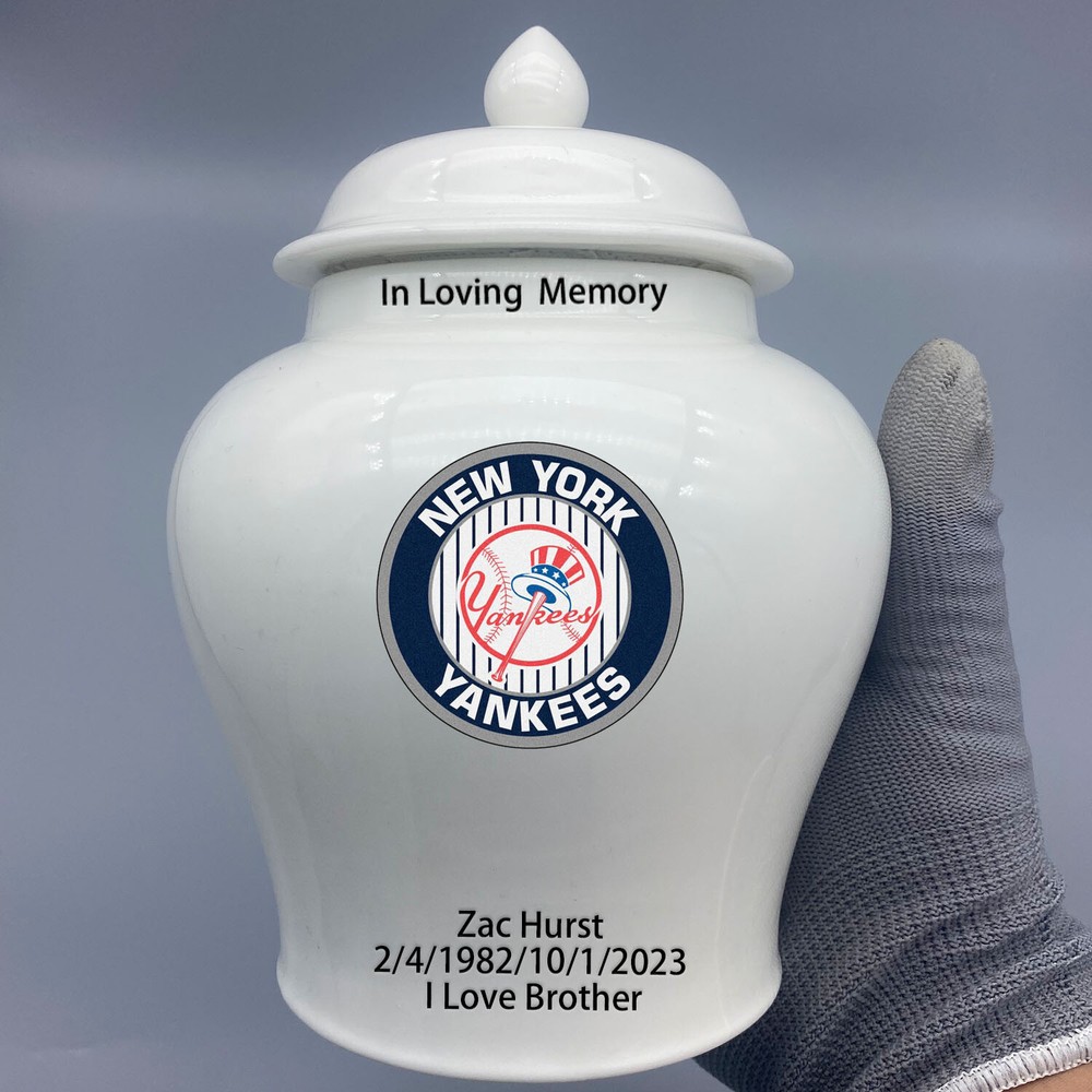 Ceramic Medium Urn for New York Yankees Baseball Theme, Custom Text & Number