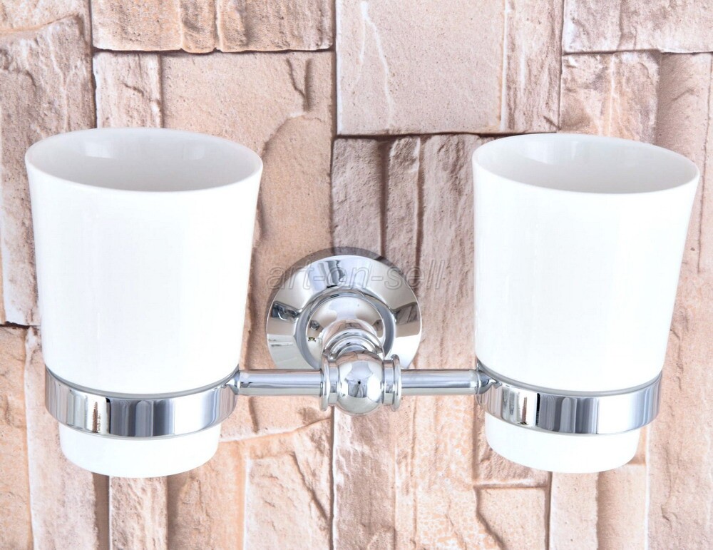 Toothbrush Holder Double Wall Mount Ceramic  Cup Accessory Chrome Finish aba798