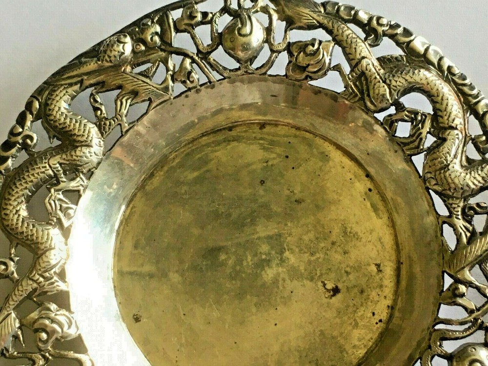 👍 1900s CHINA CHINESE SOLID SILVER DRAGON DISHES PLATES WITH HALLMARK 纯银