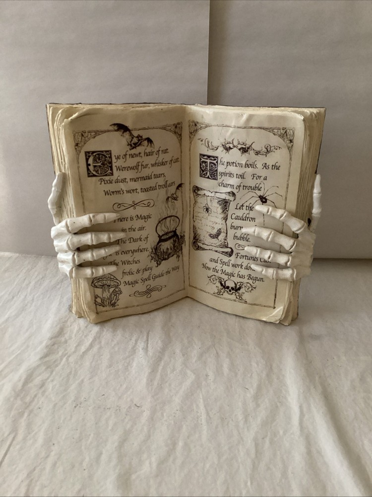 Open Spell Book W/ Skeleton Hands Halloween Prop Decor