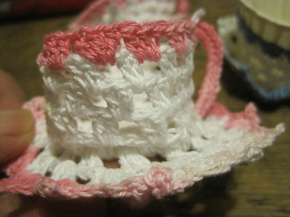 (3)HANDMADE CROCHET TEA CUPS&SAUCERS-USE FOR NUT CUP/CANDY/DISPLAY