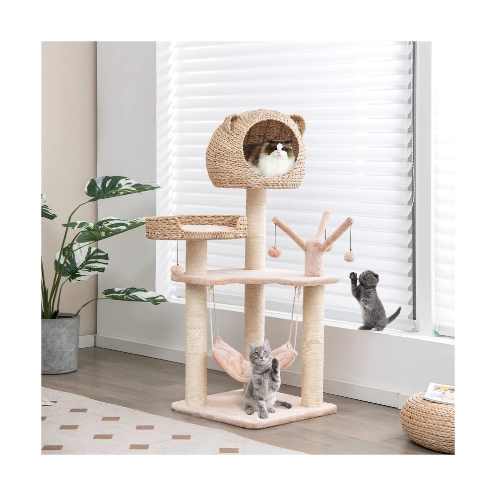 PETSITE Woven Cat Tree, Modern Cat Tower with Hammock & Scratching Posts, Cat...