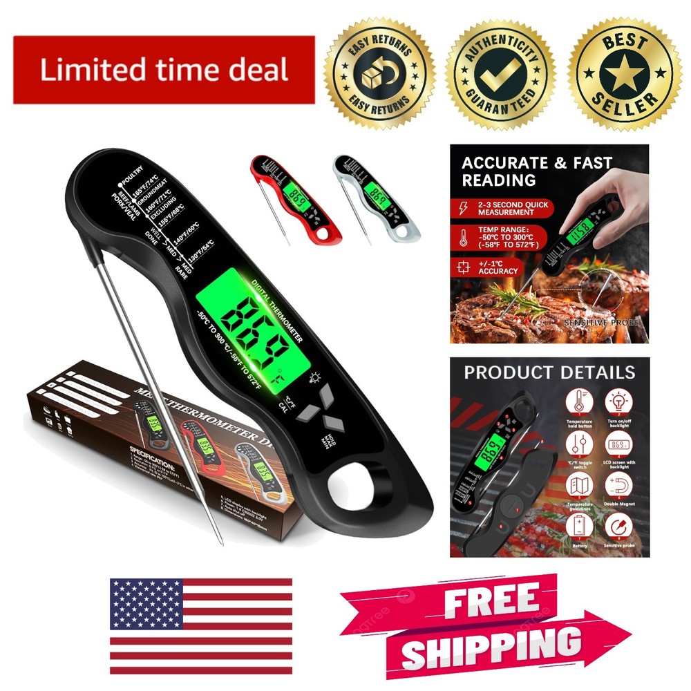 Instant Read Cooking Thermometer - Waterproof, Backlit, & Calibration Ready