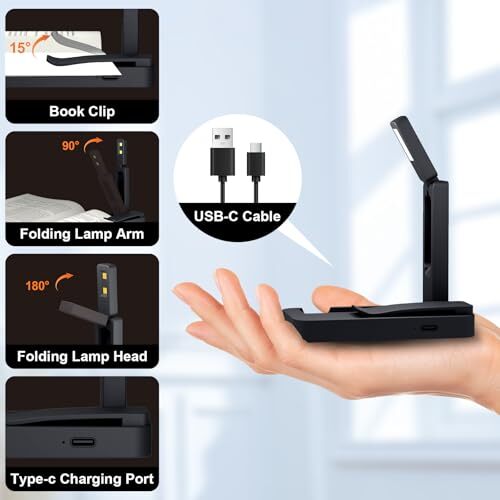 Rechargeable Book Light for Reading in Bed,Foldable Clip-On Reading Black