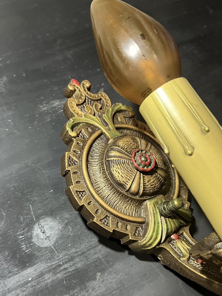 Great Pair Antique Wall Sconces Polychrome Finish 30J