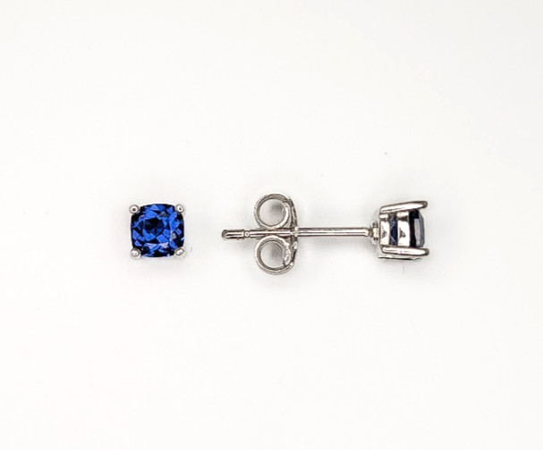 Created Blue Sapphire Cushion Cut Sterling Silver Small Stud Post Earrings