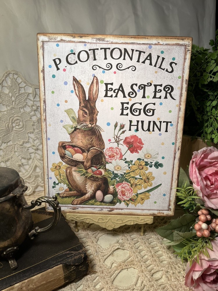 Bunny Rabbit, Easter Egg Hunt, Handcrafted Artist Canvas Flat Board Sign